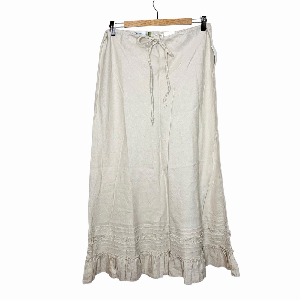 Old Navy Vtg Y2K Linen Maxi Skirt Beige Womens 12 Coastal Boho Ruffled Low Waist
